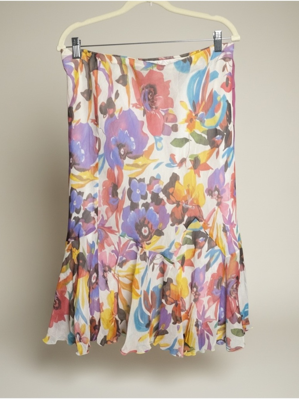 Vintage Floral Midi Skirt in White with Purple, Pink, Yellow & Blue